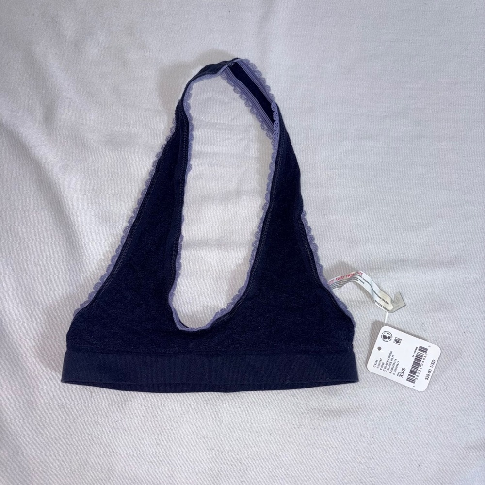 Free People Halter Bralette XS Small Black New Lace Trim Intimately OB1041187